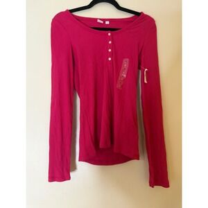 GAP Women Ribbed Knit Long Sleeve Henley Shirt Bright Pink Size Small NWT